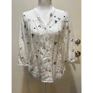 Fig & Flower floral button up blouse sheer with embroidered flowers Petite M